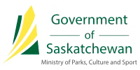 The Ministry of Parks, Culture and Sport logo which features a green shape of Saskatchewan intercut with two yellow line shapes.